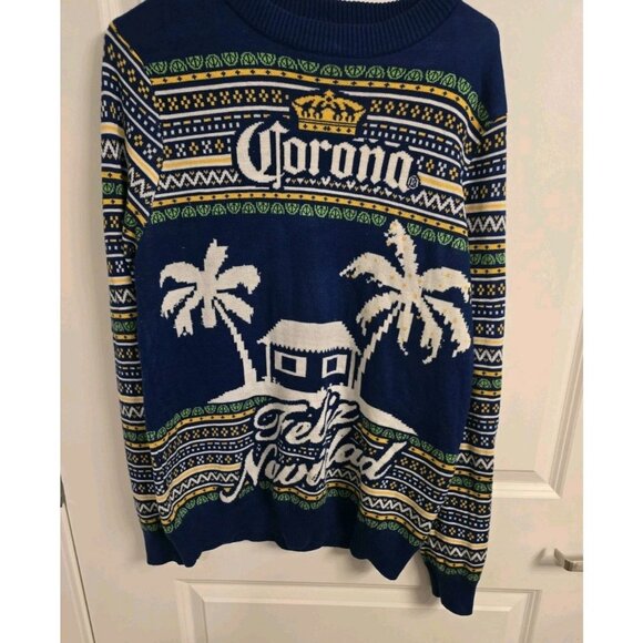 Corona Beer Sweater Mens Large Blue Christmas Feliz Navidad Long Sleeve - Picture 1 of 5